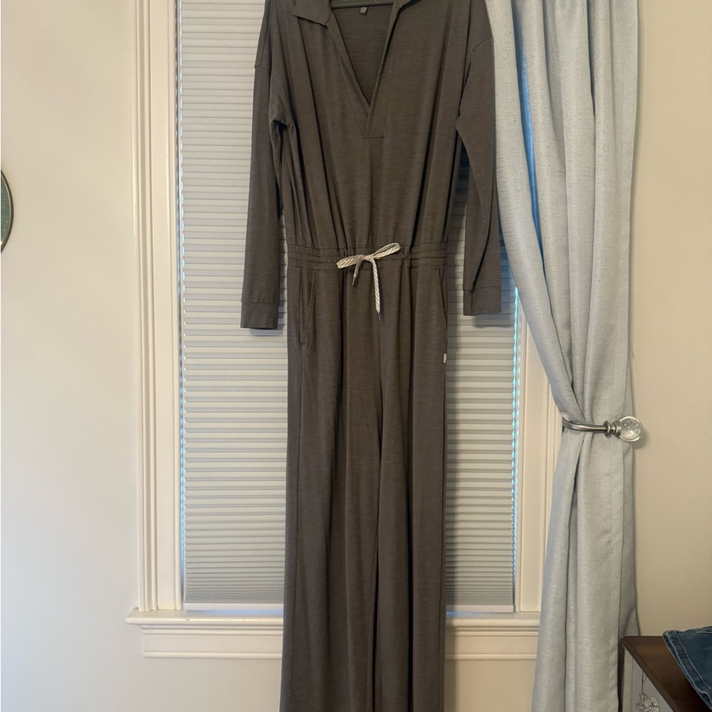 Brown/Gray Long Sleeve Jumpsuit with Drawstring